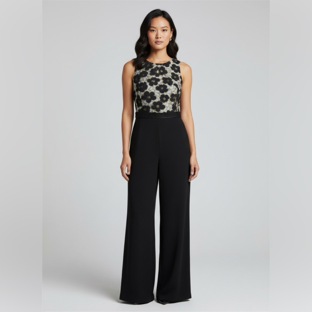 Floral Lace Bodice Black Wide-Leg Jumpsuit